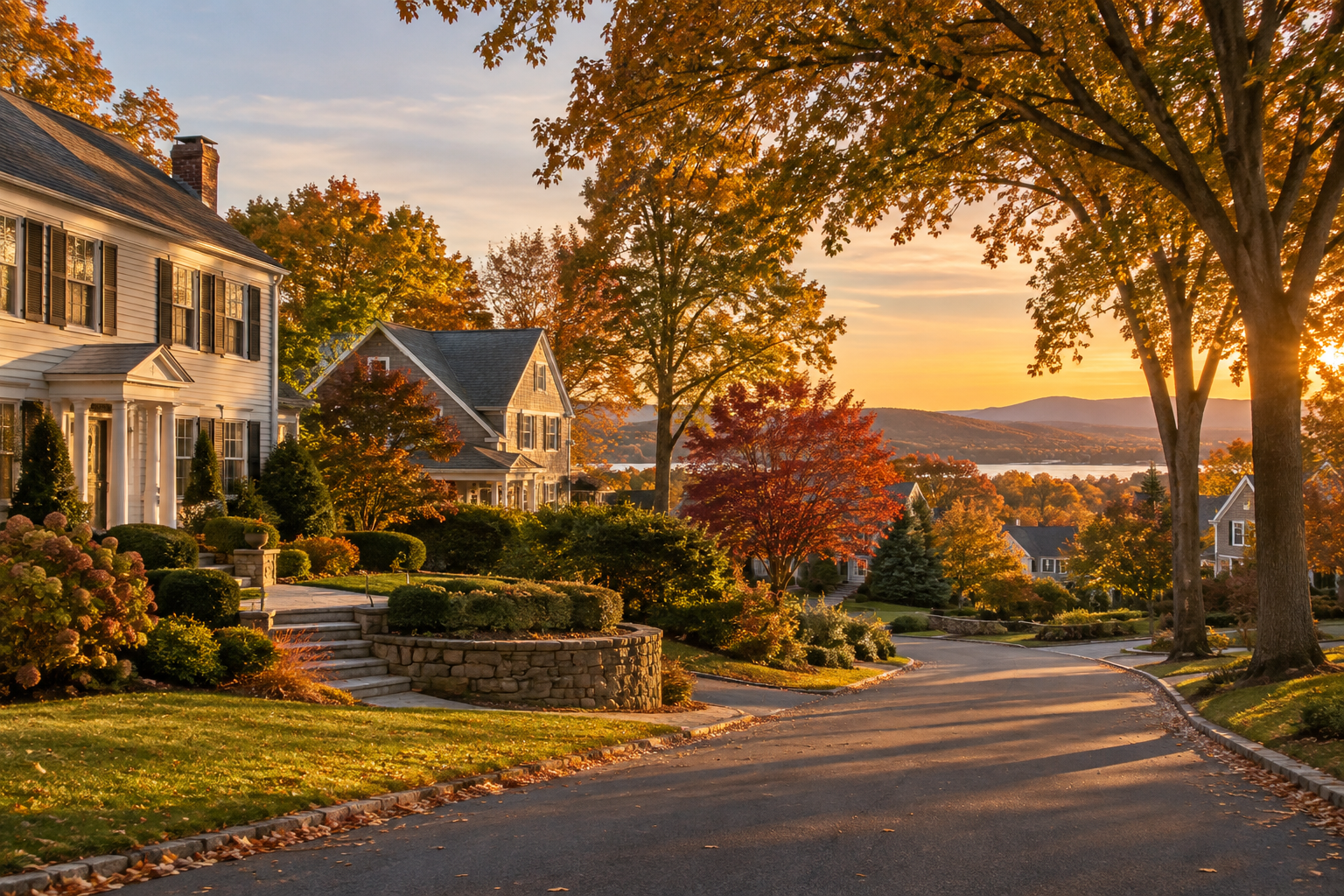 A Hudson Valley, New York neighborhood street near Peekskill at golden hour, illustrative
