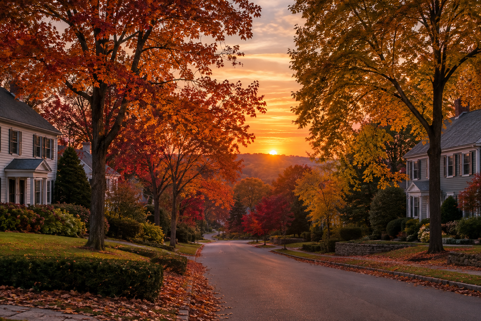 A Peekskill, NY street at sunset, illustrative