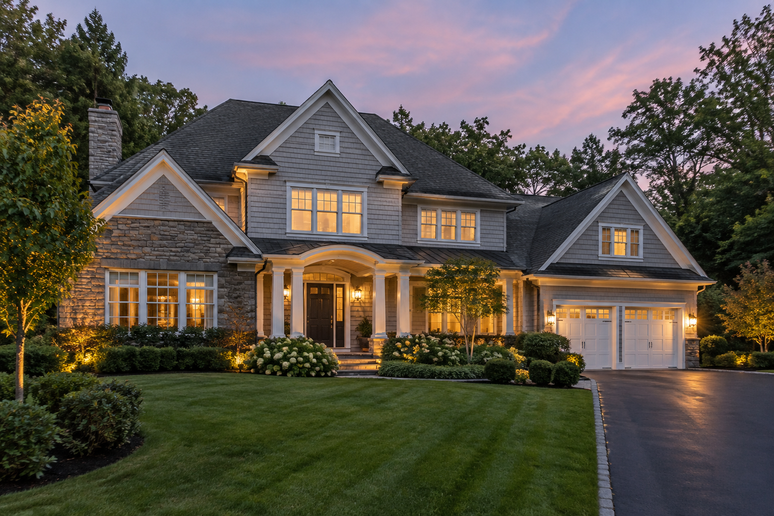 A Hudson Valley, New York home exterior at dusk, illustrative