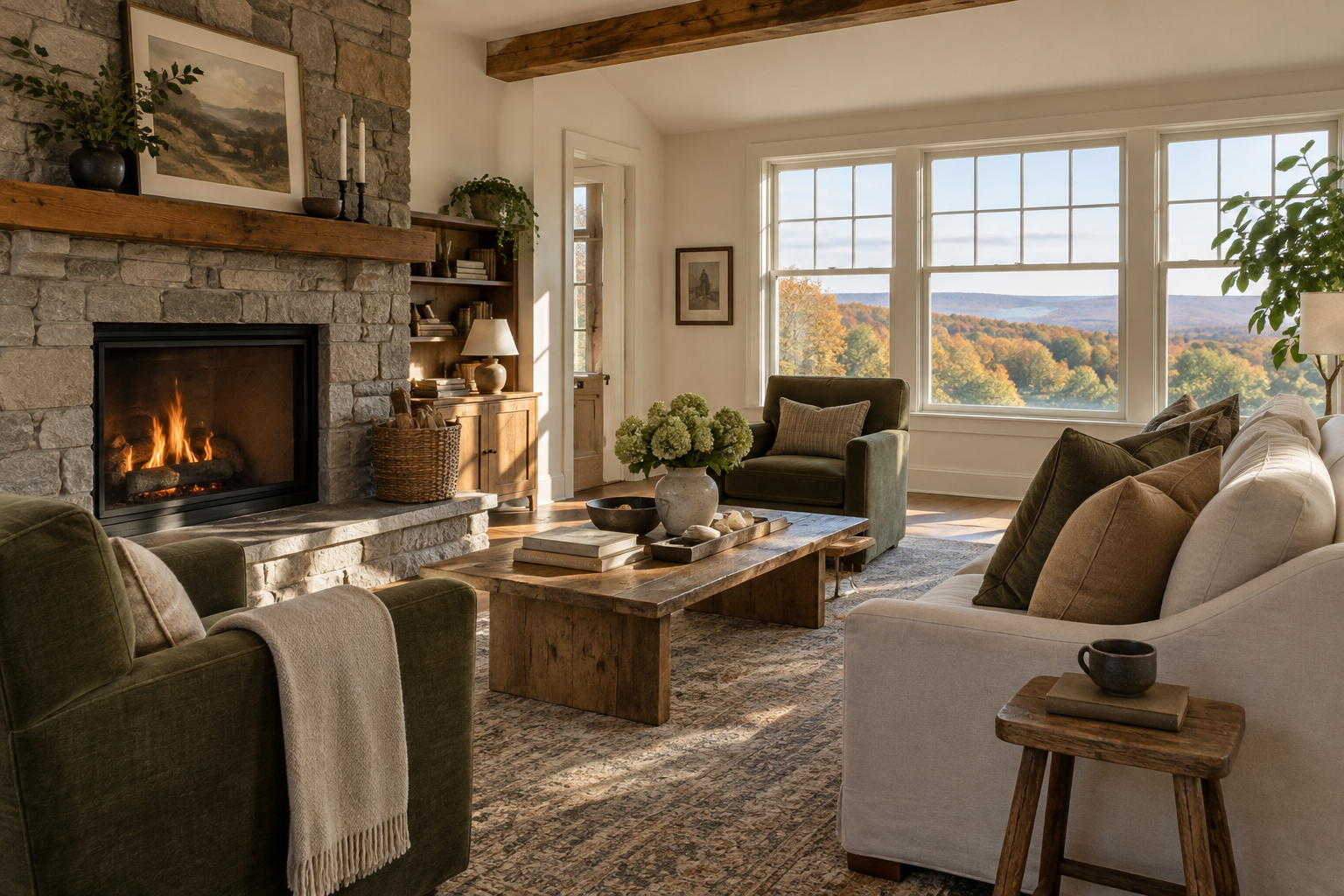 A cozy Hudson Valley, NY living room, illustrative